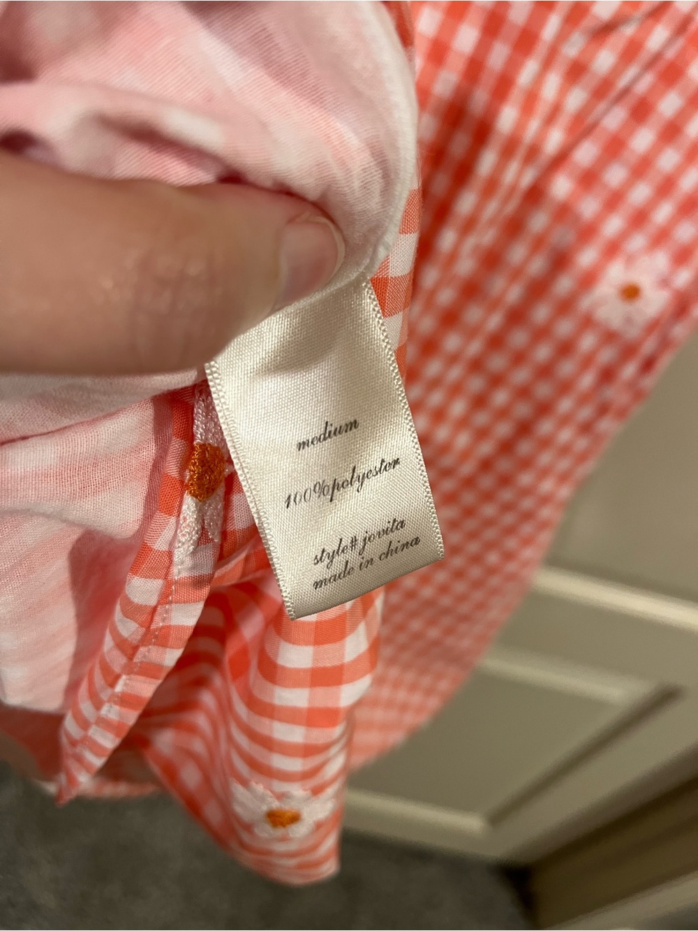Altar'd State Coral Gingham Puff-Sleeve Mini Dress with Daisy Appliqués - Picture 8 of 9